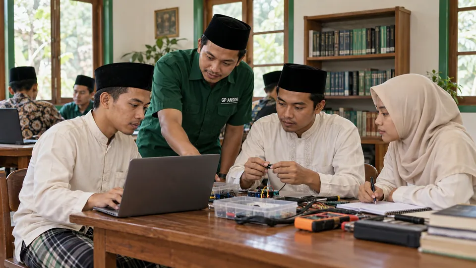 Ilustrasi konseptual pendampingan keterampilan santri bersama kader Ansor.